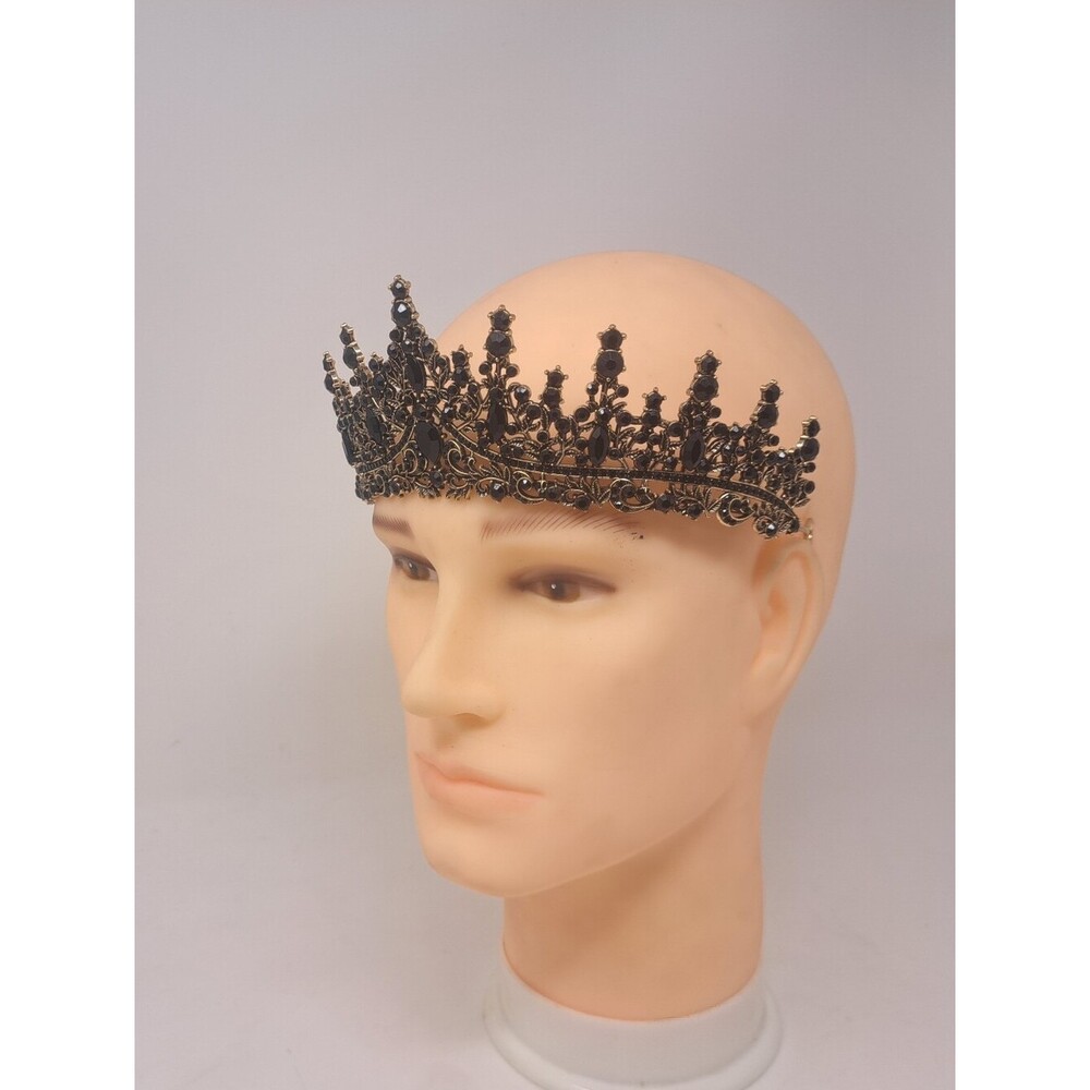 Vintage Women's Crown Costume Jewelry Rhinestone Metal Victorian Royal Black - Picture 3 of 13